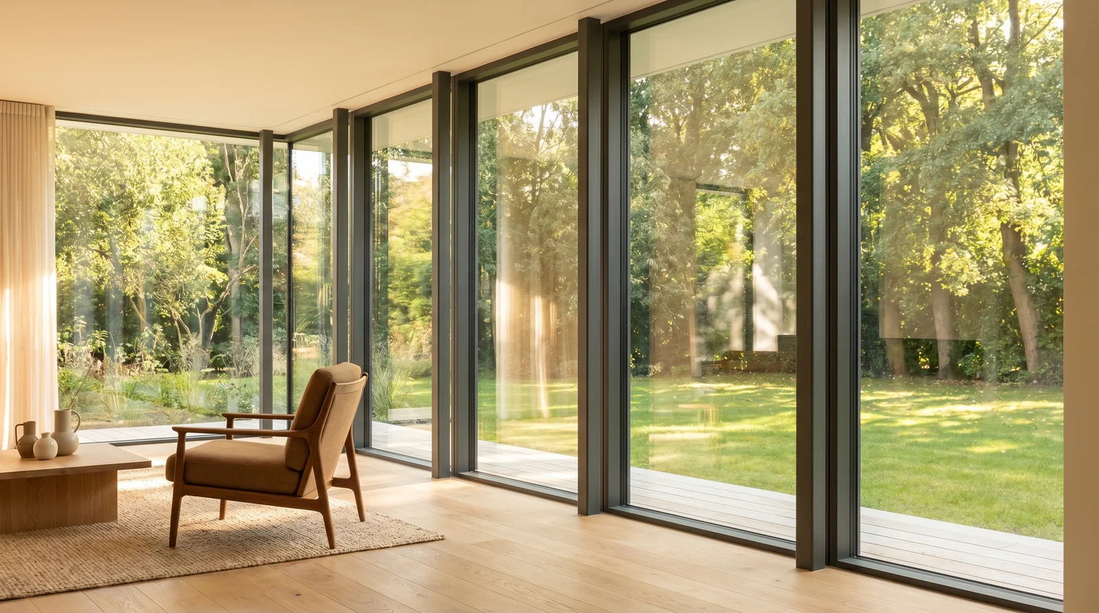 Grande baie vitrée aluminium estompant la frontière entre intérieur et terrasse