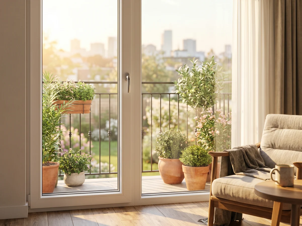 Porte-fenêtre PVC blanche ouverte sur un balcon verdoyant