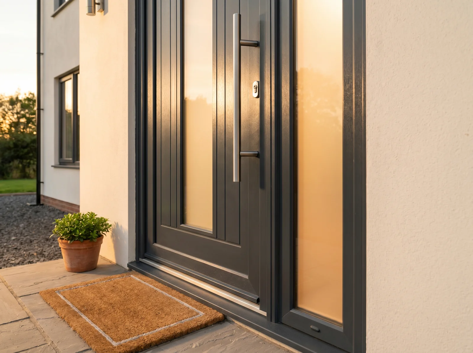 Porte d’entrée PVC anthracite moderne dans une lumière chaude