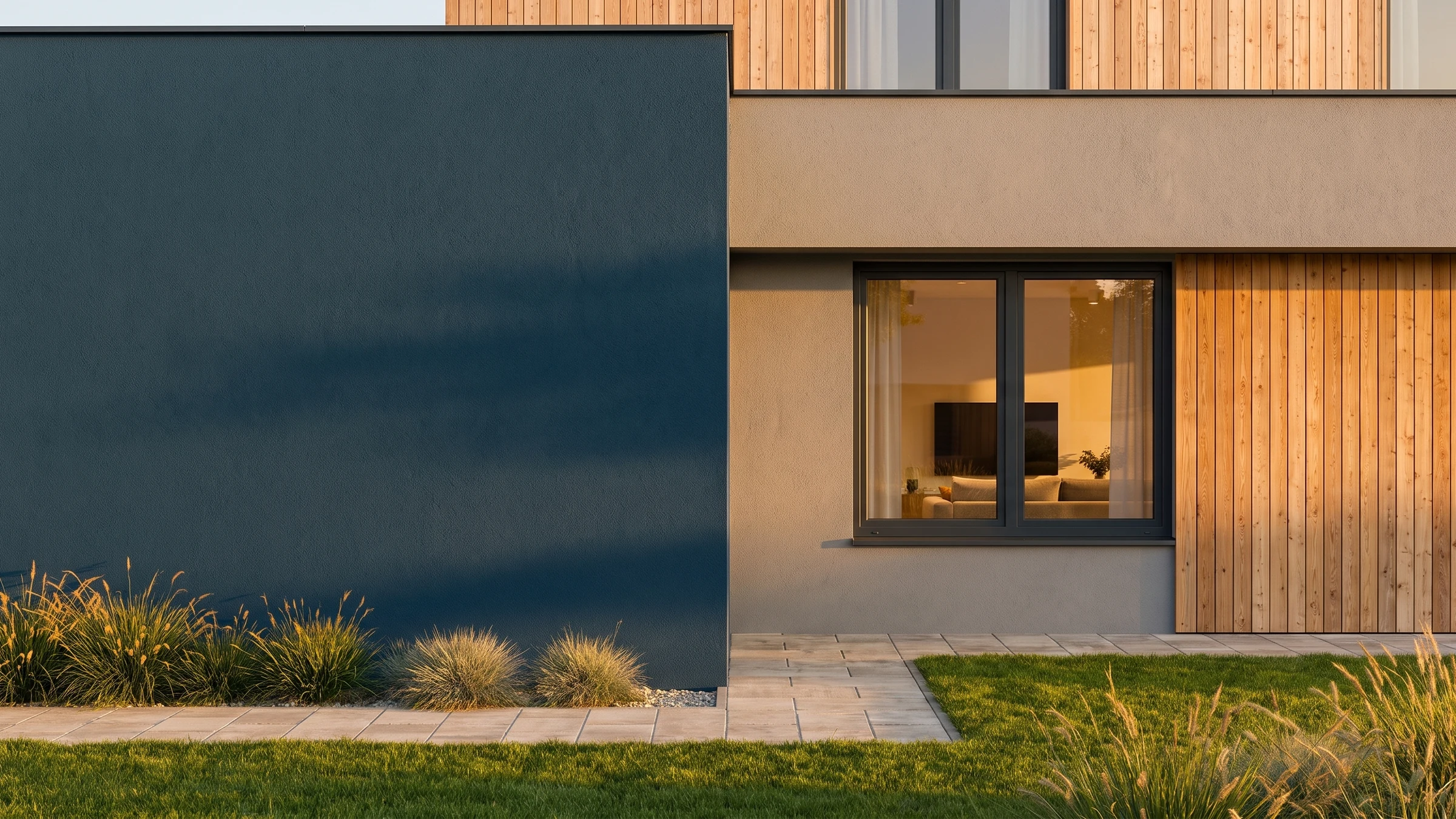 Maison avec fenêtre Alu-Futural OC BUDVAR sur le mur de la marque — vue extérieure