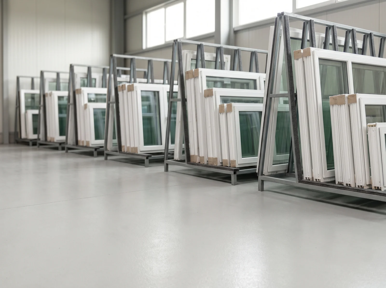 Fenêtres PVC sur racks de transport dans l’usine BUDVAR