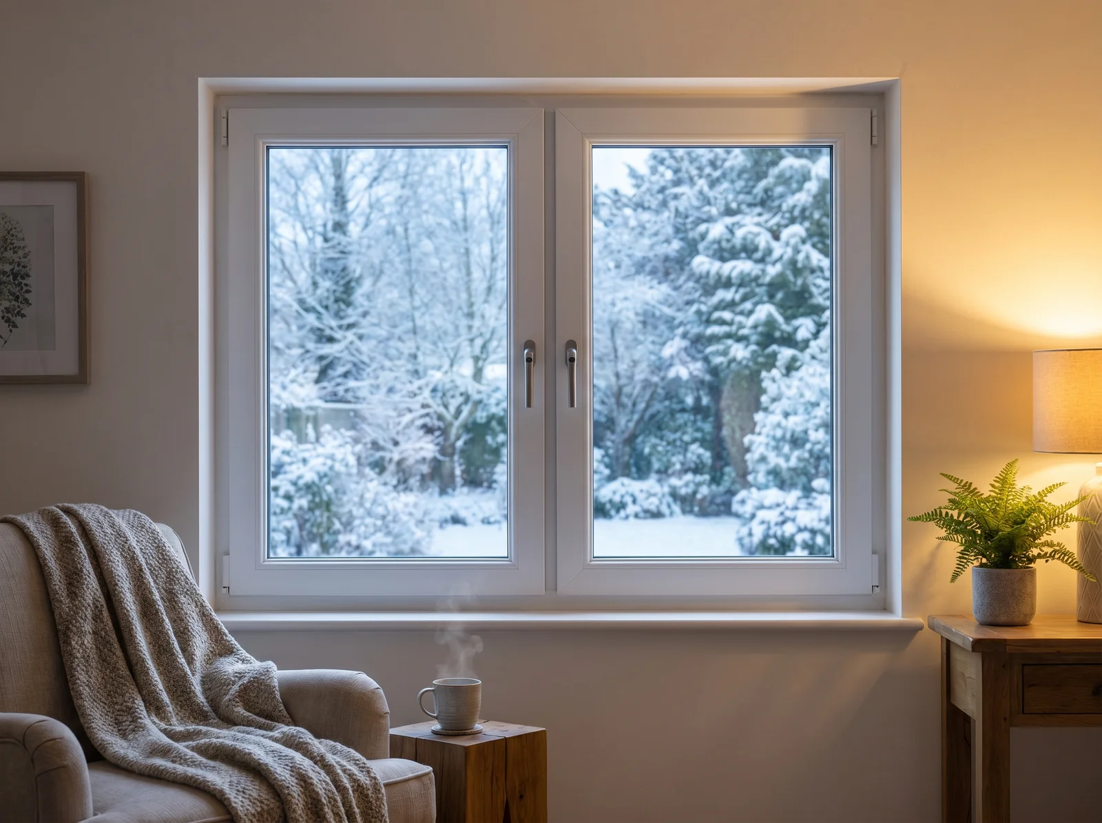 Fenêtre PVC blanche en hiver — intérieur chaleureux et jardin enneigé