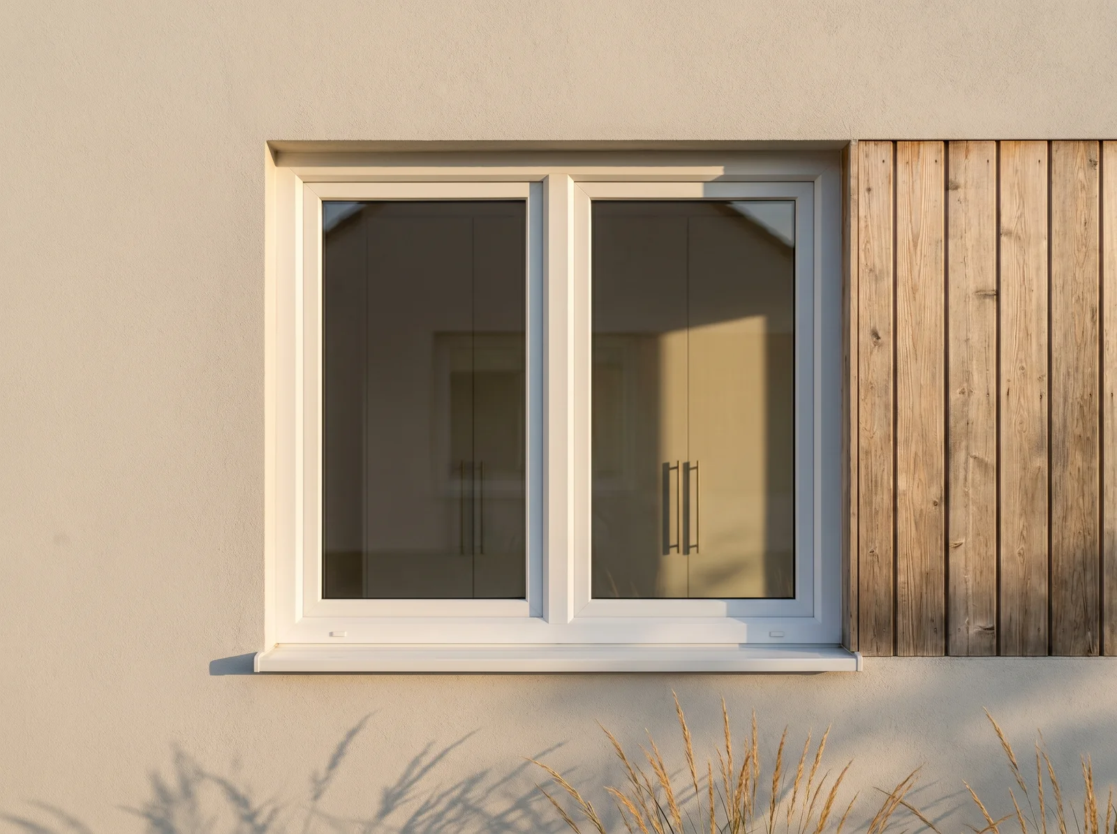 Fenêtre PVC blanche à deux vantaux sur une façade moderne avec lames de bois