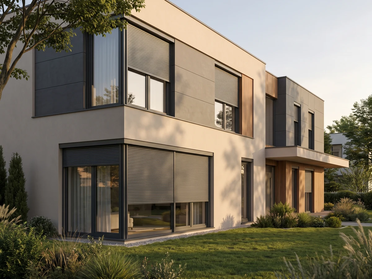 Maison moderne avec volets sous-enduit cachés sous l’isolation