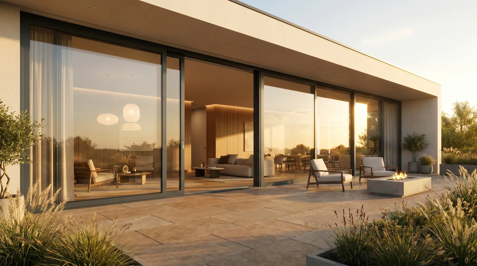 Baies coulissantes aluminium anthracite sur une terrasse moderne