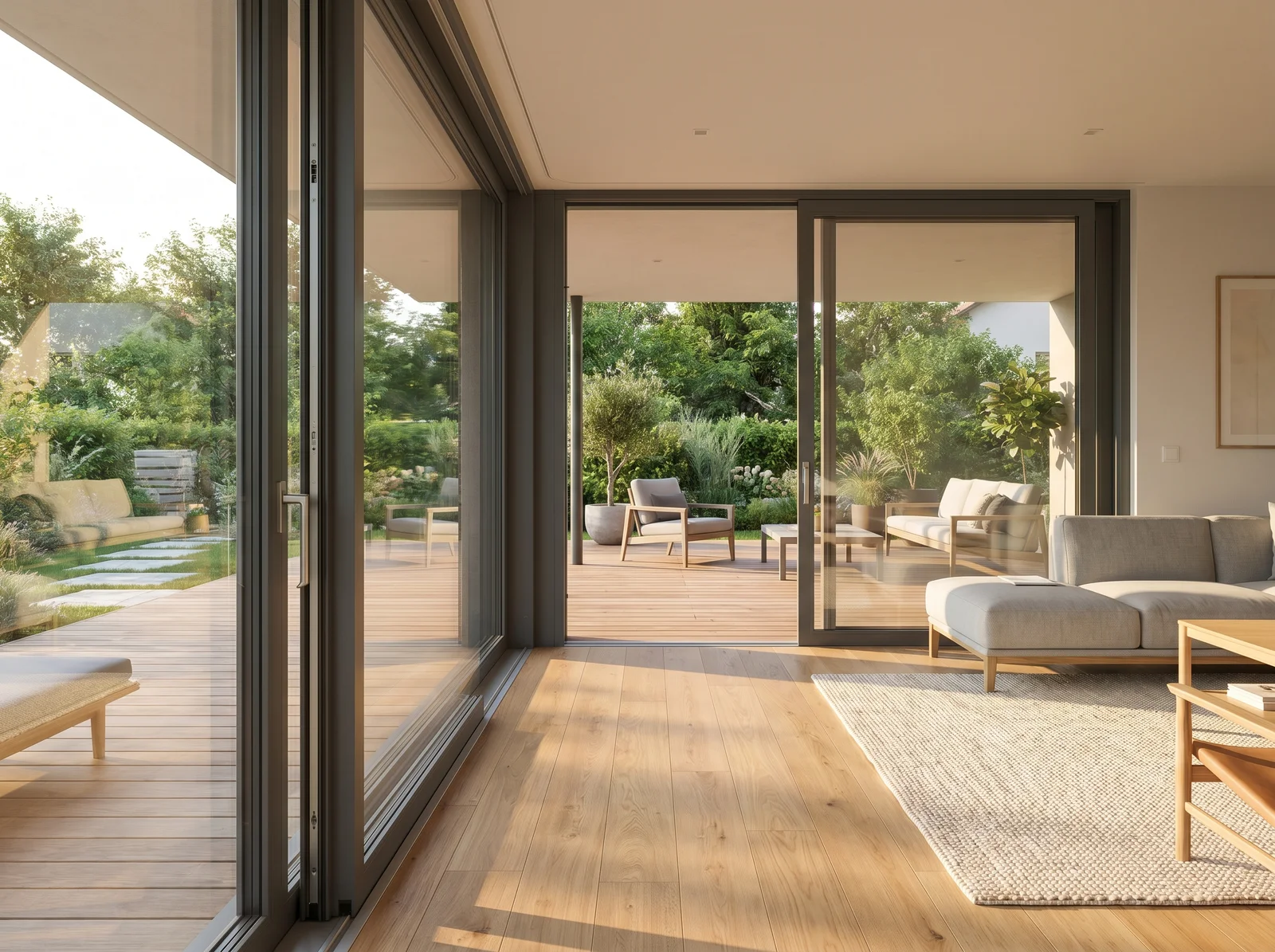 Espace sans barrières — baies coulissantes reliant maison et jardin