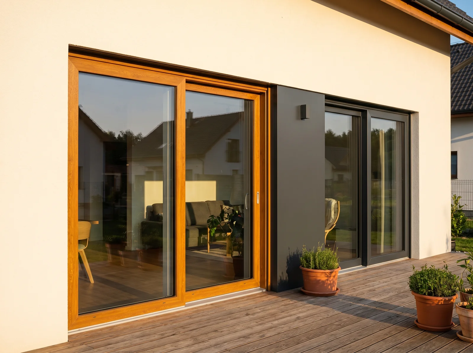 Baies coulissantes en décor chêne doré et anthracite — palette BUDVAR