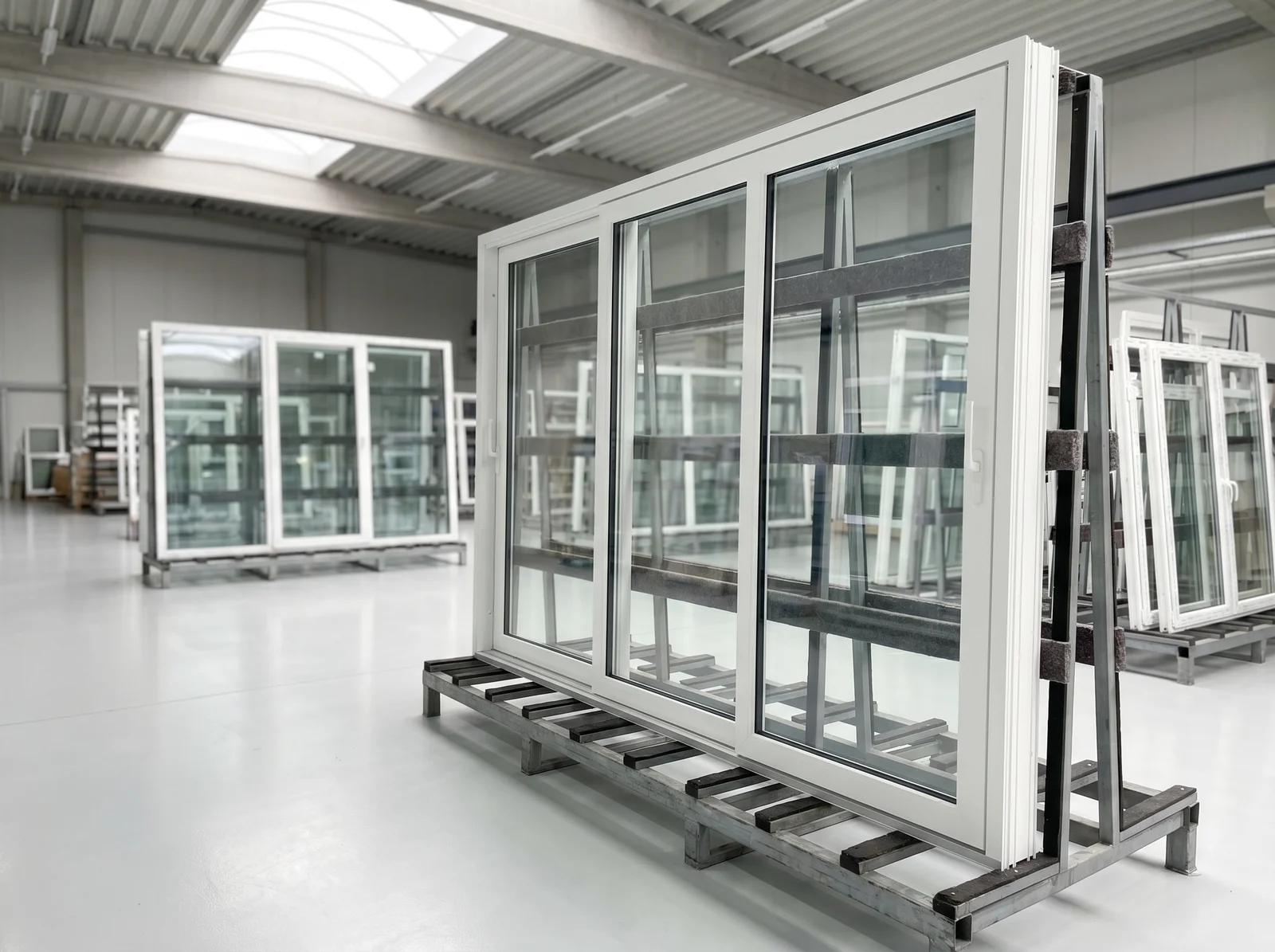Baies coulissantes sur racks de transport dans l’usine BUDVAR