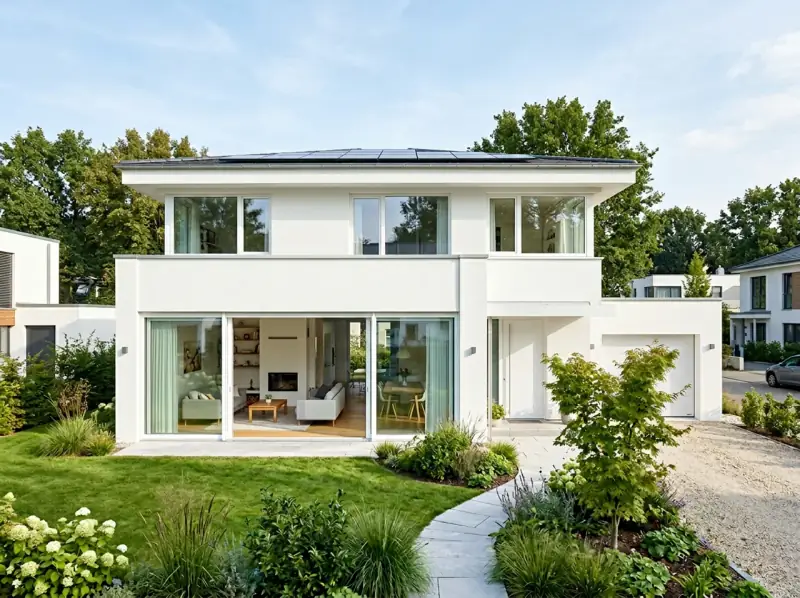 Maison moderne avec de grandes fenêtres en PVC – vue extérieure